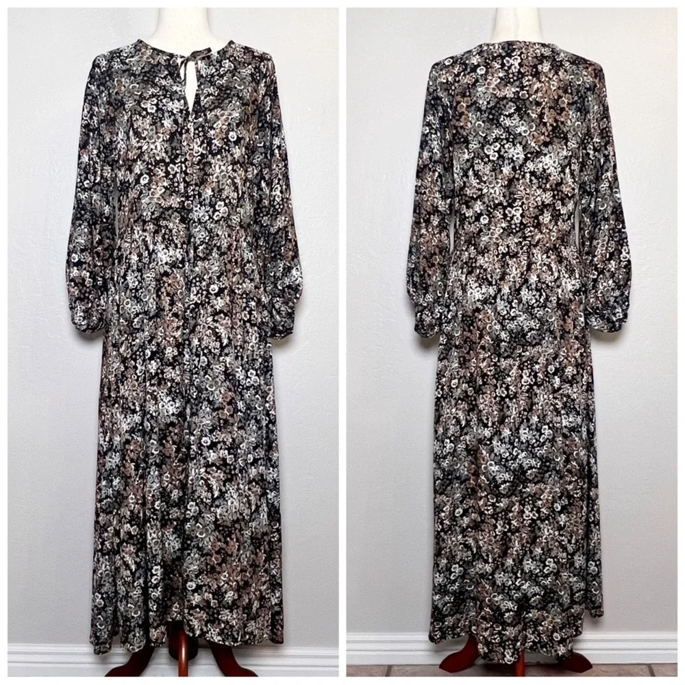 •MIA JOY• Long Sleeve Button Front High Low Midi Dress in‎ Black Floral Size S